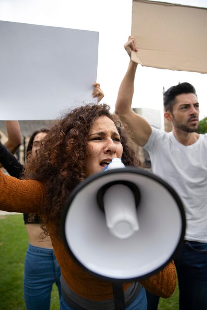 Close up angry people at protest