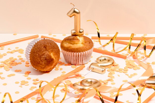 Close-up anniversary cupcake on table