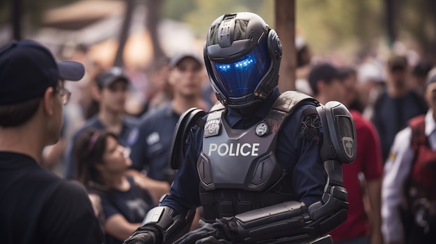 Foto gratuita primo piano sul robot antropomorfo come agente di polizia