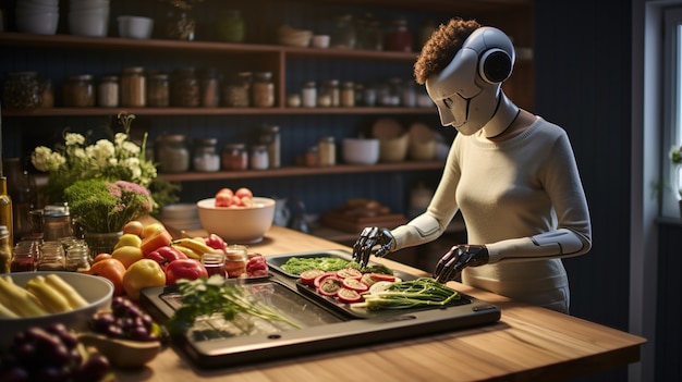 Close up on anthropomorphic robot cooking