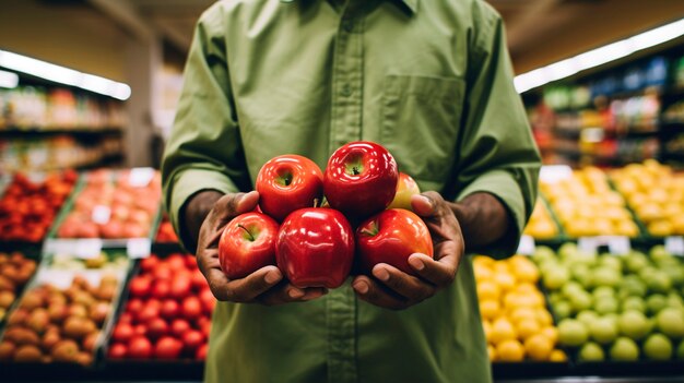 Close up apples being arranged in shop