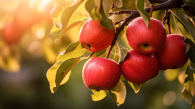 Close up apples on branch