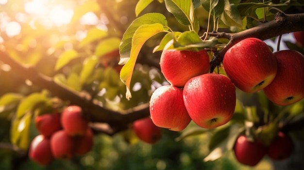 Close up apples on branch