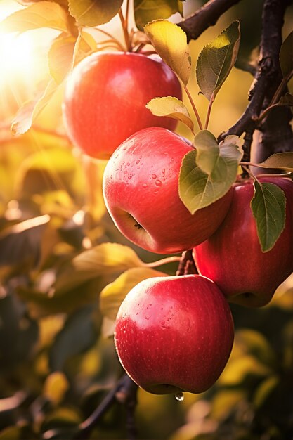 Close up apples on branch