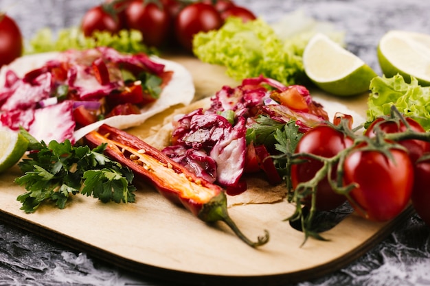 Close up arrangement of delicious mexican food