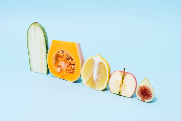 Close-up arrangement of fruits and vegetables