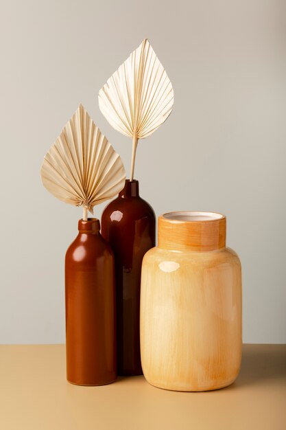 Close up arrangement of modern vases