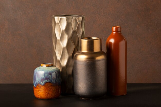 Close up arrangement of modern vases