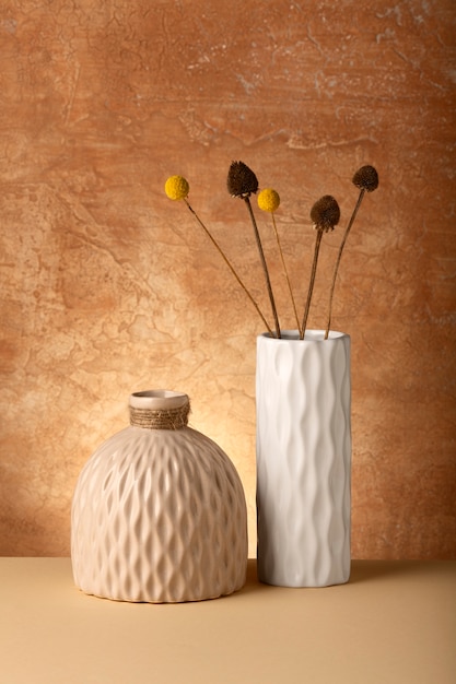 Close up arrangement of modern vases