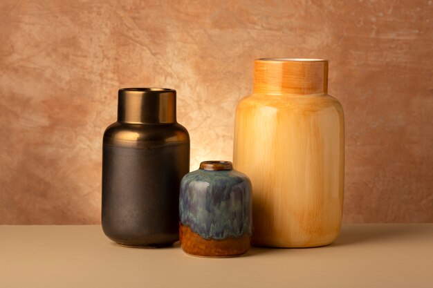 close up arrangement of modern vases