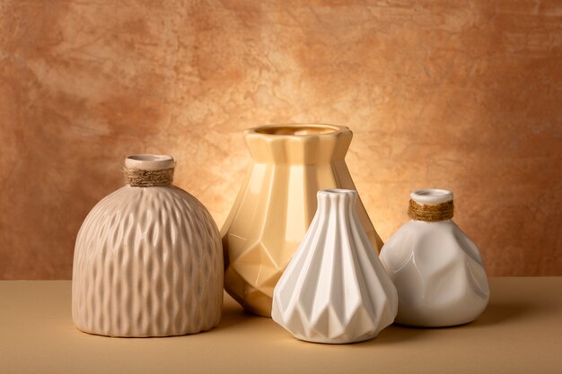 Close up arrangement of modern vases