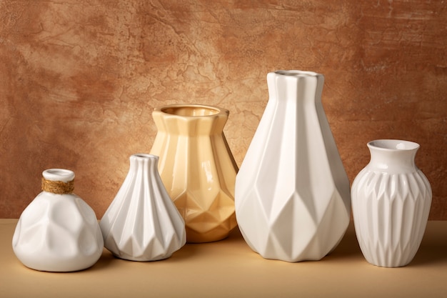 Close up arrangement of modern vases