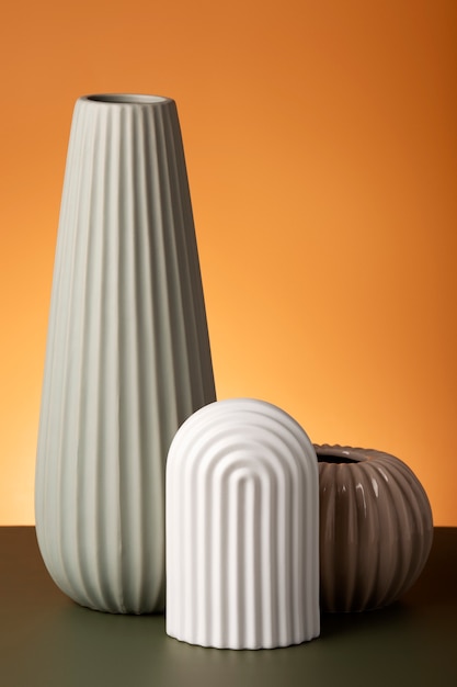 Close up arrangement of modern vases