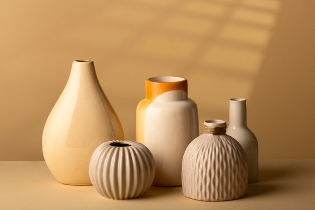 Close up arrangement of modern vases