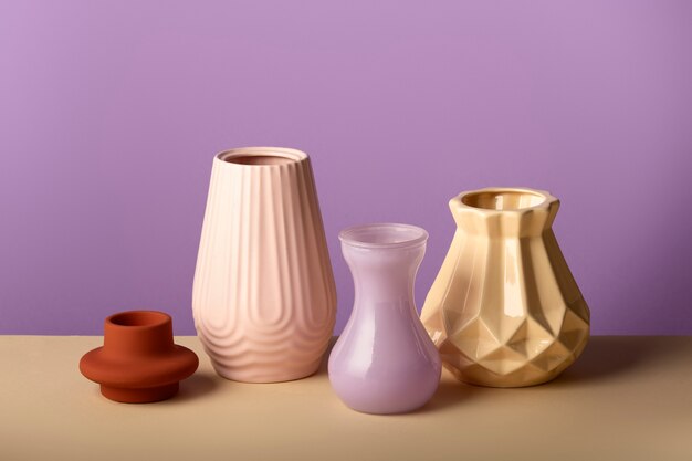 Close up arrangement of modern vases
