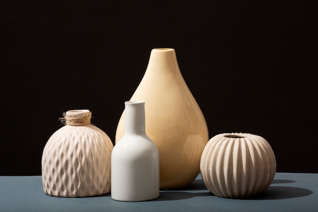 Close up arrangement of modern vases