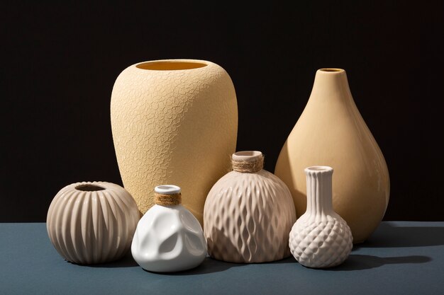 Close up arrangement of modern vases