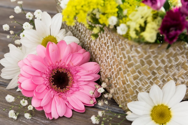 Close-up arrangement with basket of flowers