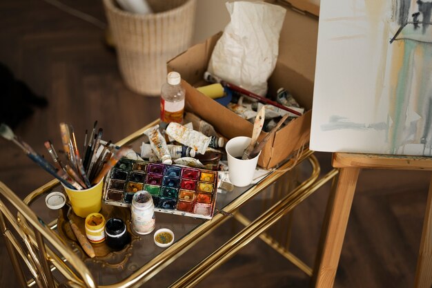 Close up on art supplies in workshop