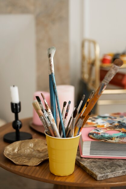 Close up on art supplies in workshop