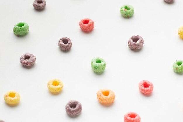 Close-up assortment of colorful cereal