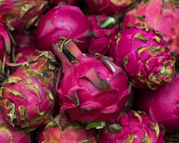 Close-up assortment of dragon fruits