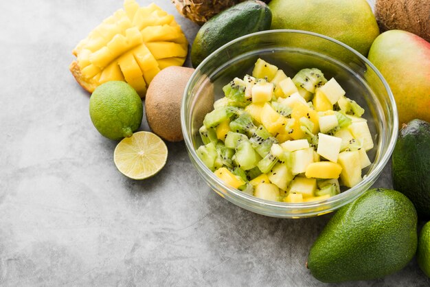 Close-up assortment of exotic fruits on the table