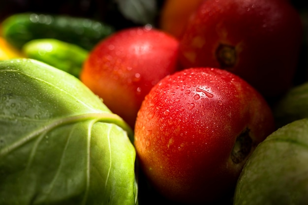Close-up assortment of fresh autumnal vegetables and fruits
