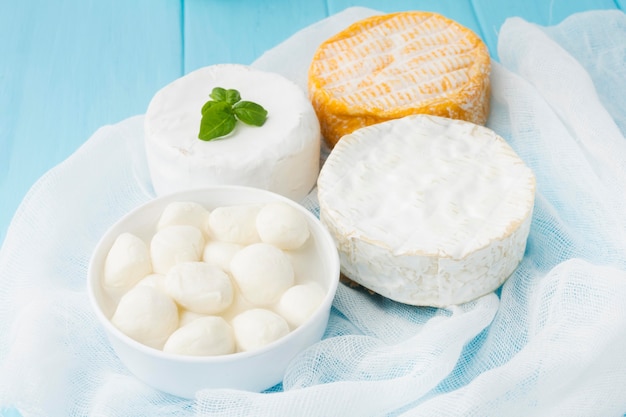 Close-up assortment of fresh cheese on the table