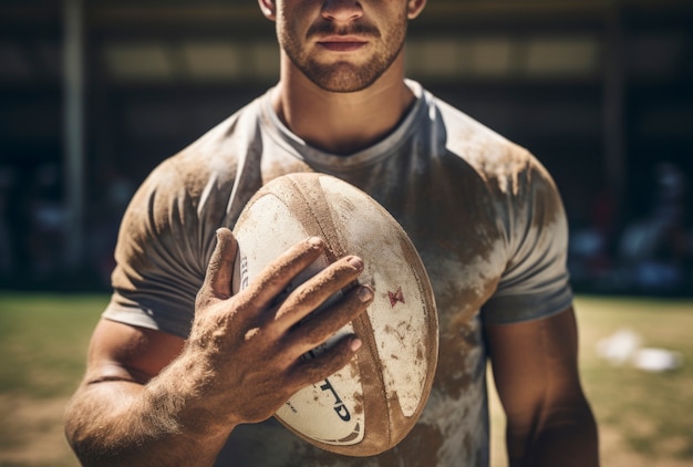 Close up on athlete playing rugby