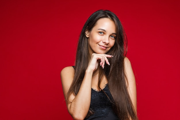 Close up on attractive brunette woman in black top