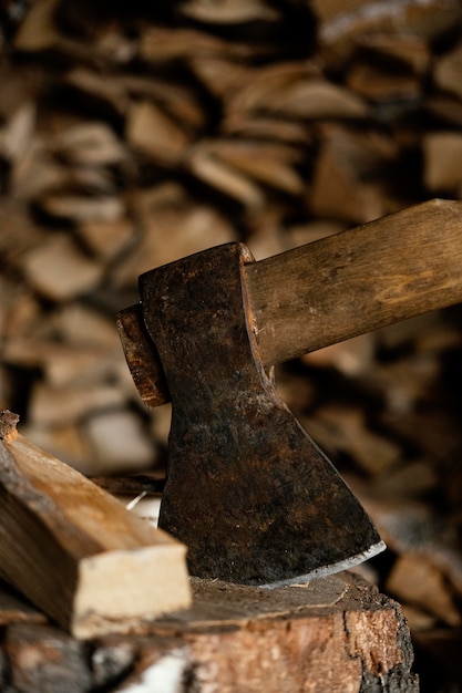 Close up axe with woods