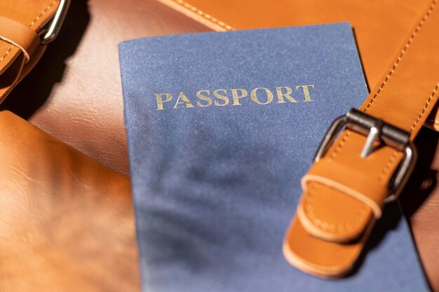 Close up backpack with passport