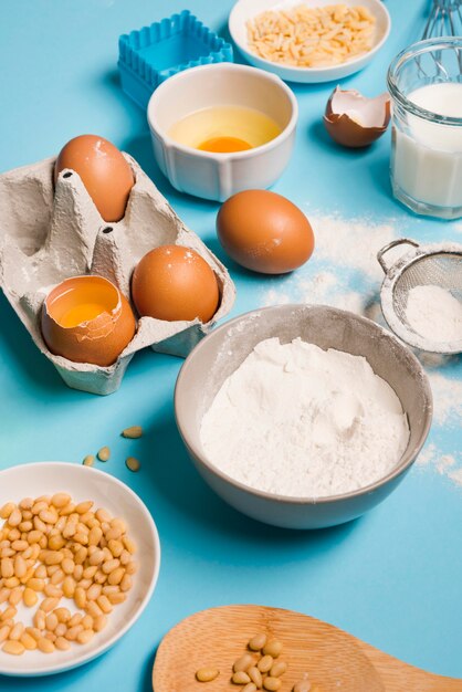 Close-up baking flour with eggs on the table