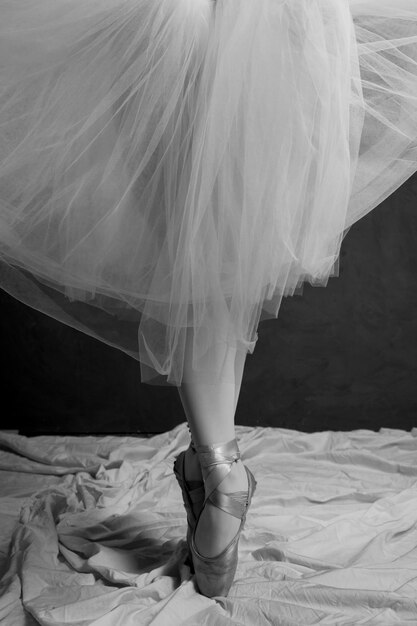 Close up ballerina in skirt and pointe shoes