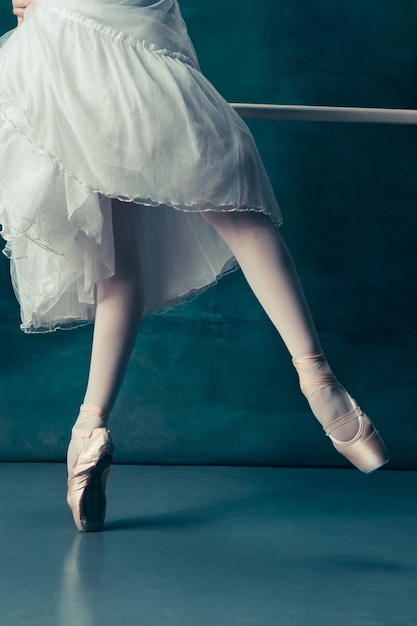 Free photo close-up ballerinas legs in pointes on the gray wooden floor