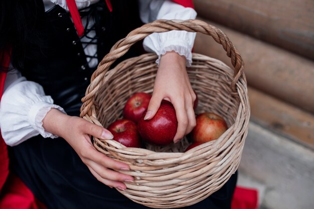 Close up on the basket of little red riding hood