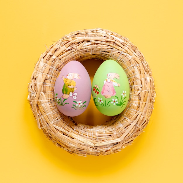 Close-up basket with painted eggs