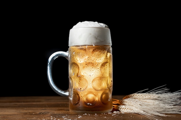 Free photo close-up bavarian beer with foam on a table