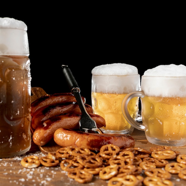 close-up bavarian beers and snacks