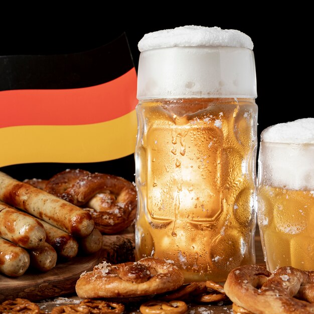 Close-up bavarian snacks with german flag