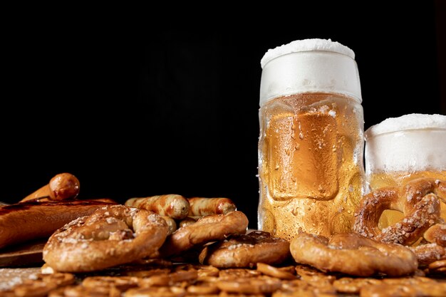 Close-up bavarian tasty snacks with beer