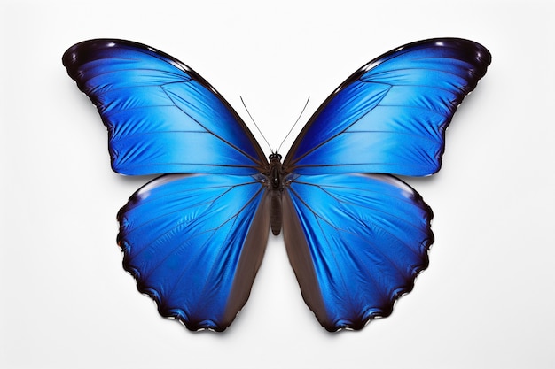 아름답고 고립된 파란 나비를 가까이에서 볼 수 있습니다.