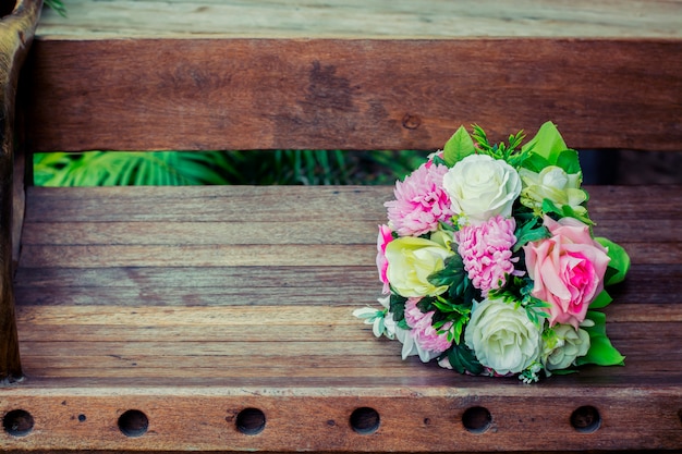 Close-up of beautiful bouquet on a wooden bench