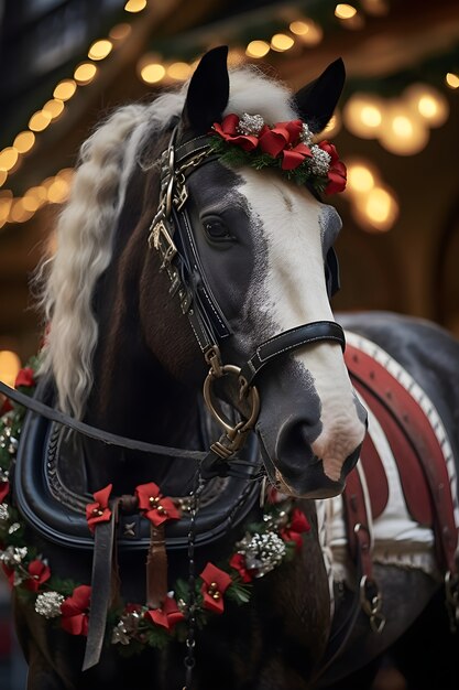 Close up on beautiful decorated horse