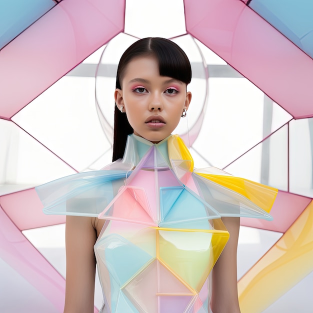 Close up on beautiful girl portrait in futuristic costume