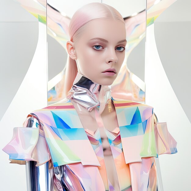 Close up on beautiful girl portrait in futuristic costume