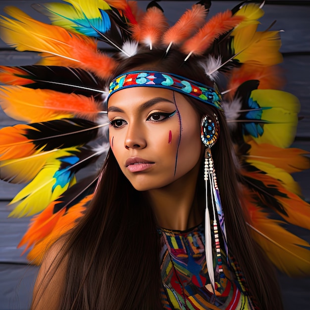 インディアンのヘッドバンドを身に着けている美しい少女の肖像画をクローズ アップ