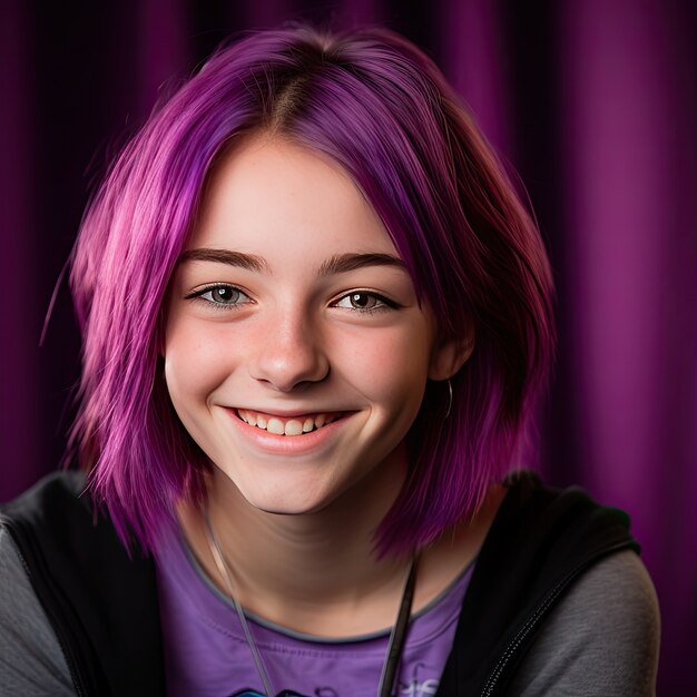 Close up on beautiful girl portrait with purple hair