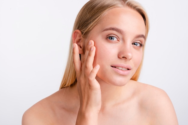 Close-up beautiful model posing with white background